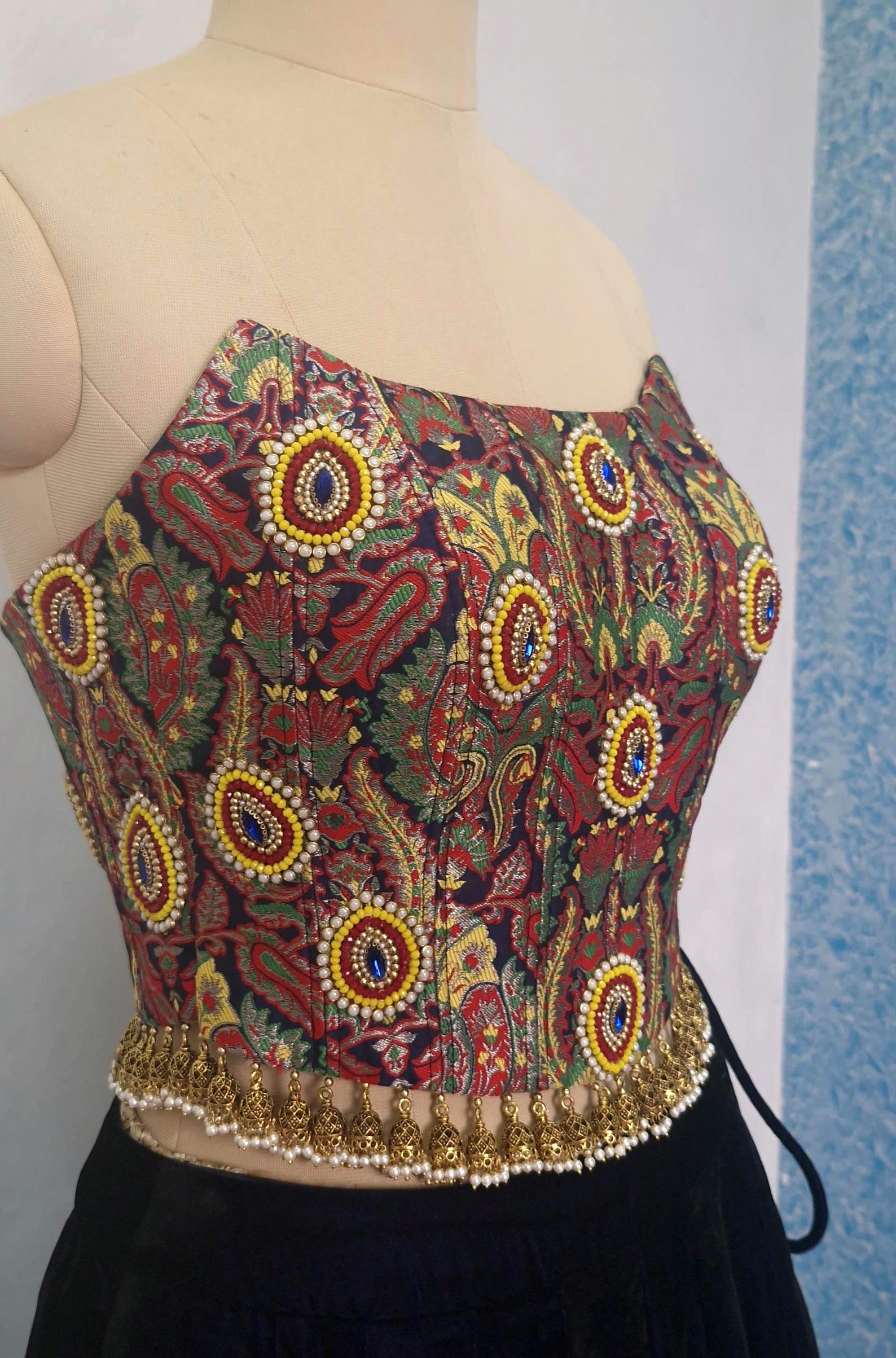 Corset Blouse Embroidered Multicolor Brocade Strapless DVCB_011