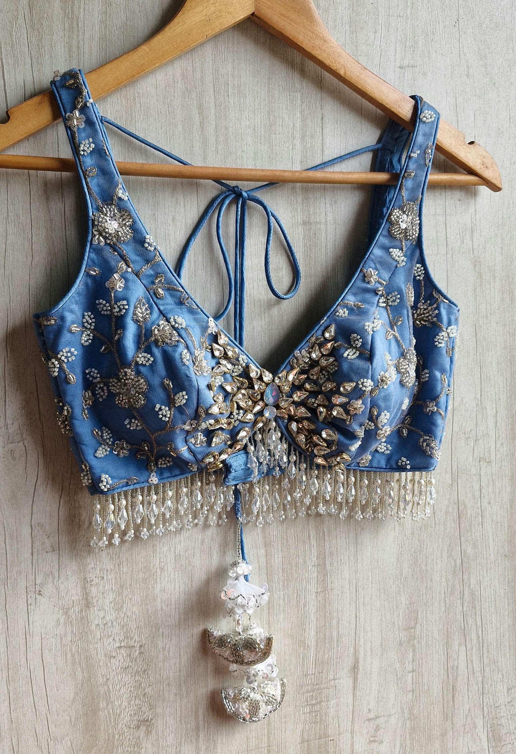 Embroidered Ice Blue Bejeweled Saree Blouse, Stones Embellished Bralette DVBL_524
