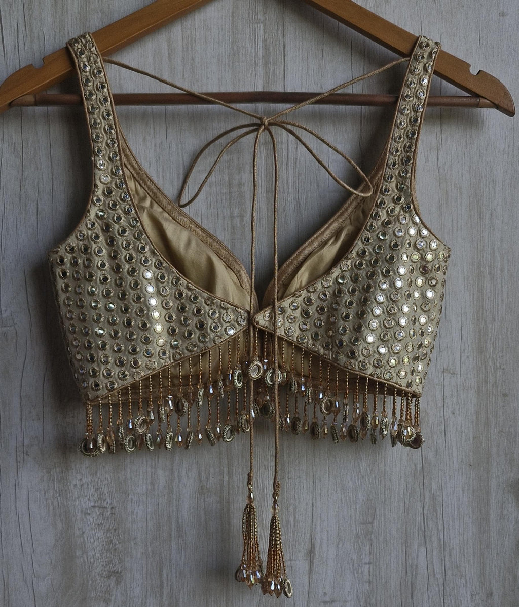 Champagne Gold Saree Blouse, Tissue Silk Sweetheart Neck, Mirror Fringes DVBL_479