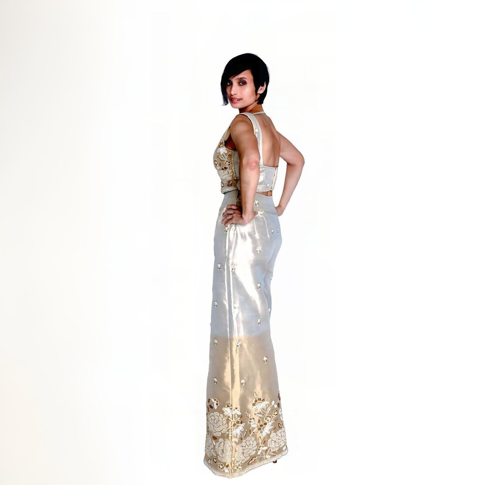 Gold Silver Embroidered Tissue Silk Pants, Top Co-ord Set DVCW_004
