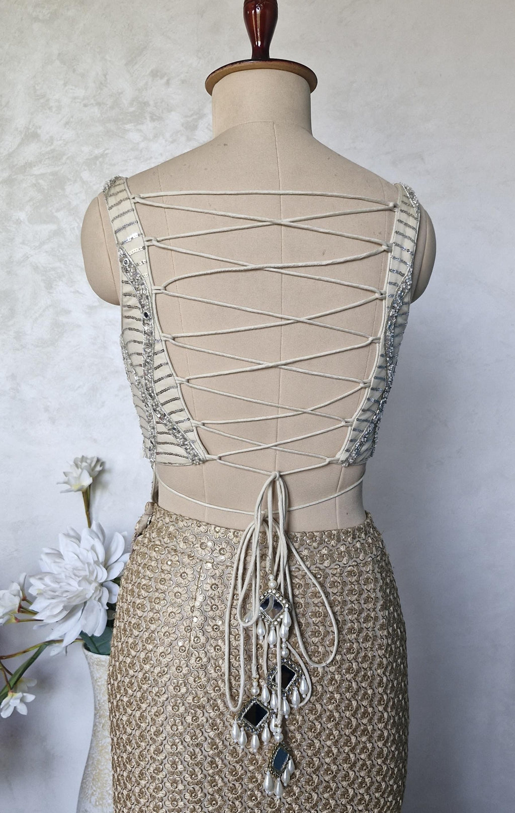 Embroidered Net Cream Gold Backless Corset Blouse DVCB_012