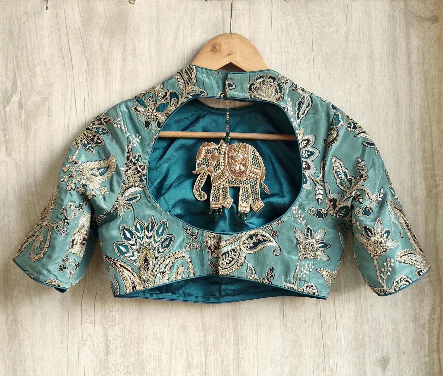 Green Embroidered Crepe Half Sleeves Blouse DVBL_473
