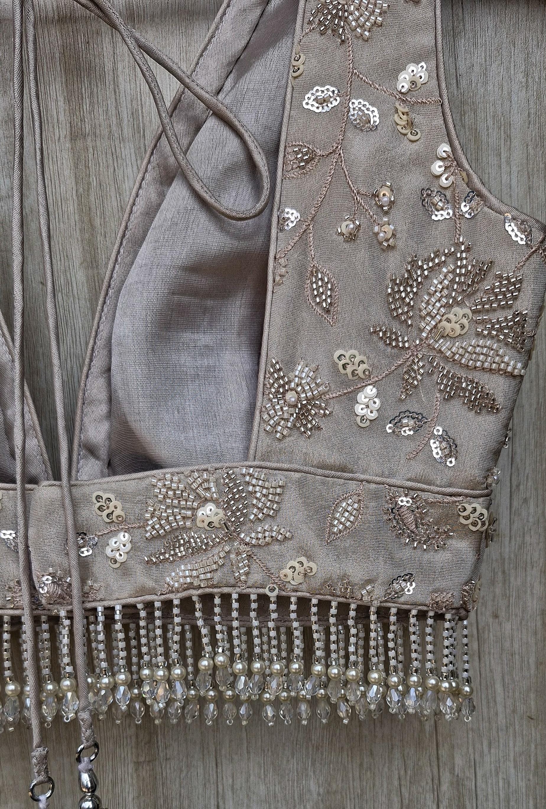 Warm Silver Embroidered Tissue Silk Blouse DVBL_470