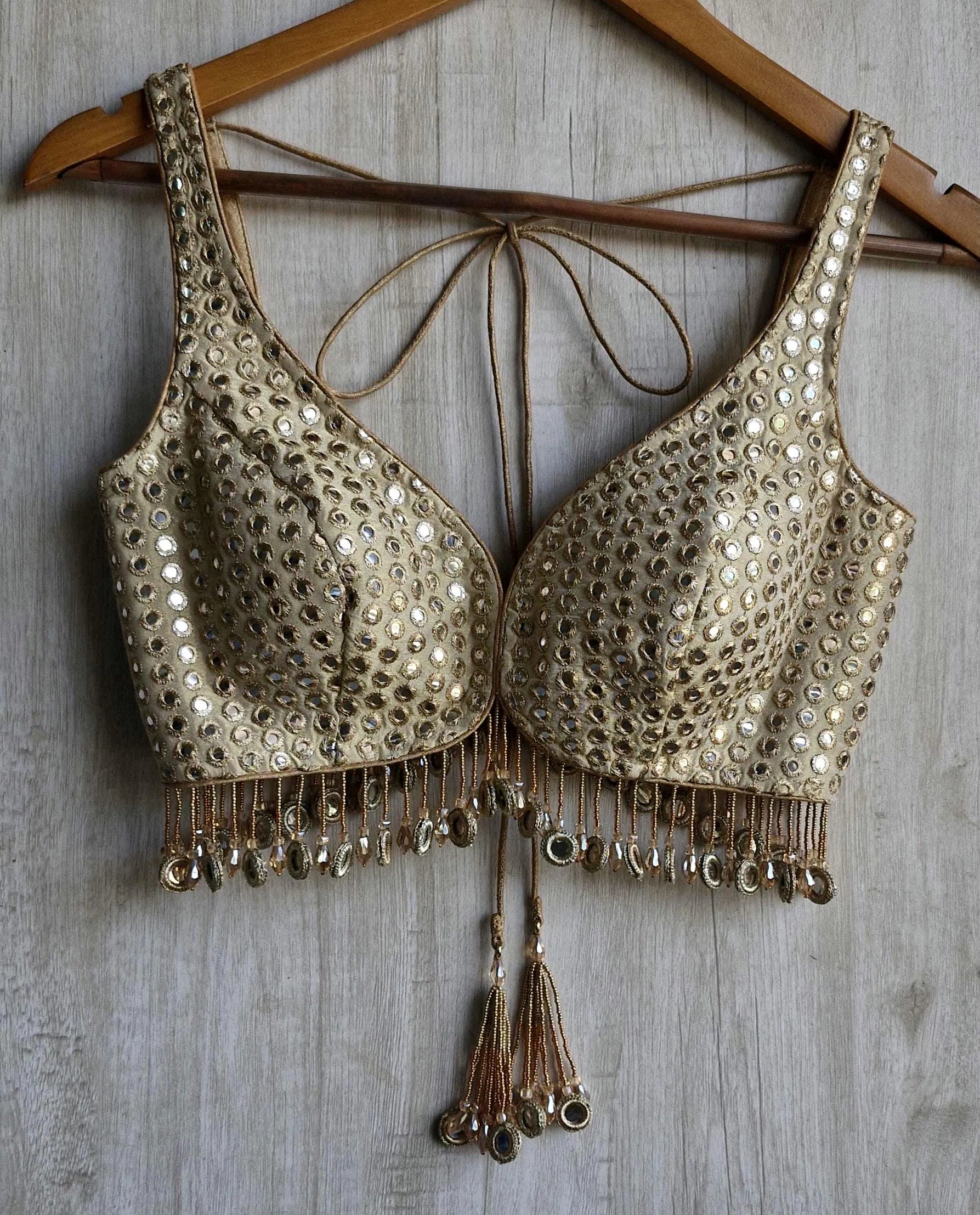 Champagne Gold Saree Blouse, Tissue Silk Sweetheart Neck, Mirror Fringes DVBL_479