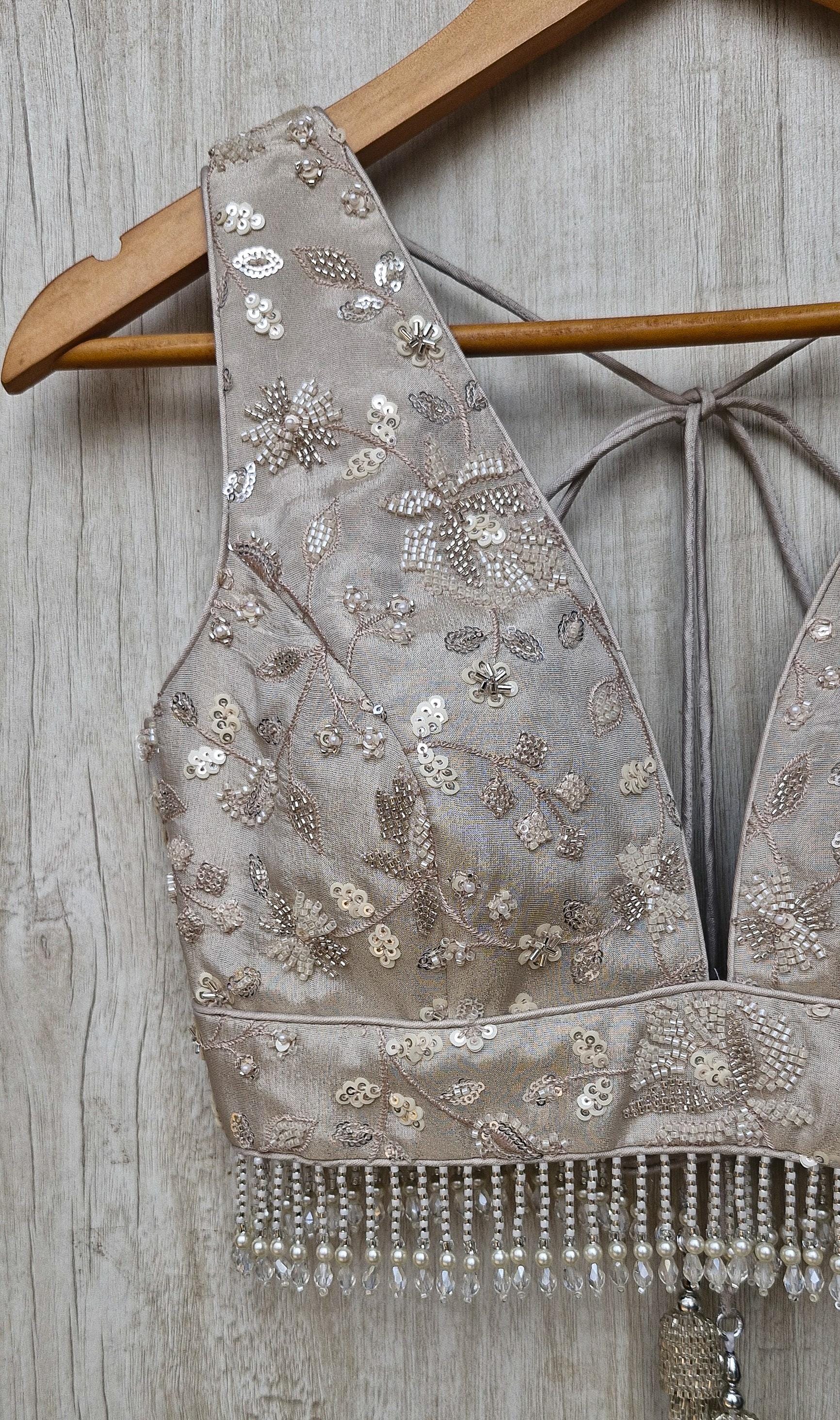 Warm Silver Embroidered Tissue Silk Blouse DVBL_470
