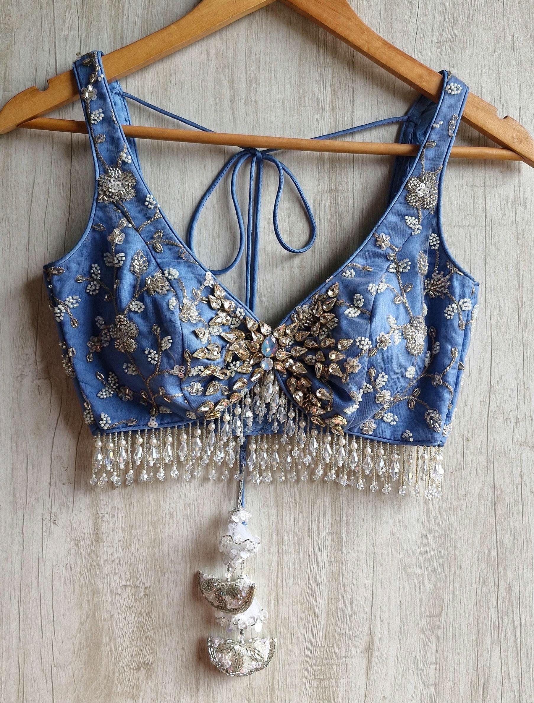 Embroidered Ice Blue Bejeweled Saree Blouse, Stones Embellished Bralette DVBL_524