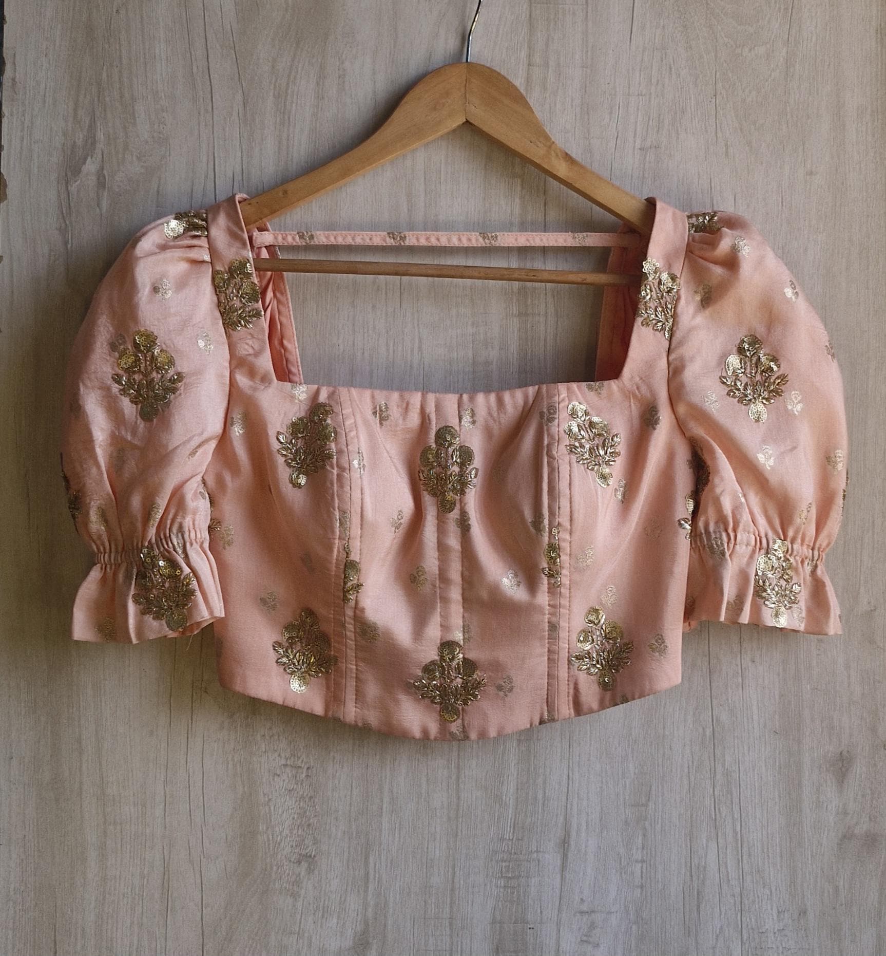 Peach Embroidered Puff Sleeves Silk Corset Blouse DVCB_013