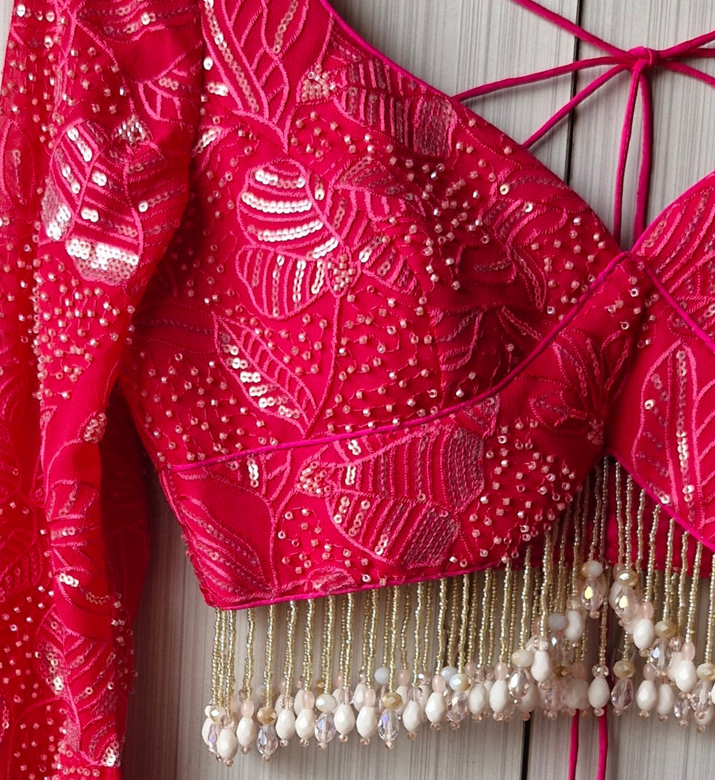 Hot Pink Embroidered Sweetheart Neck Blouse DVBL_466