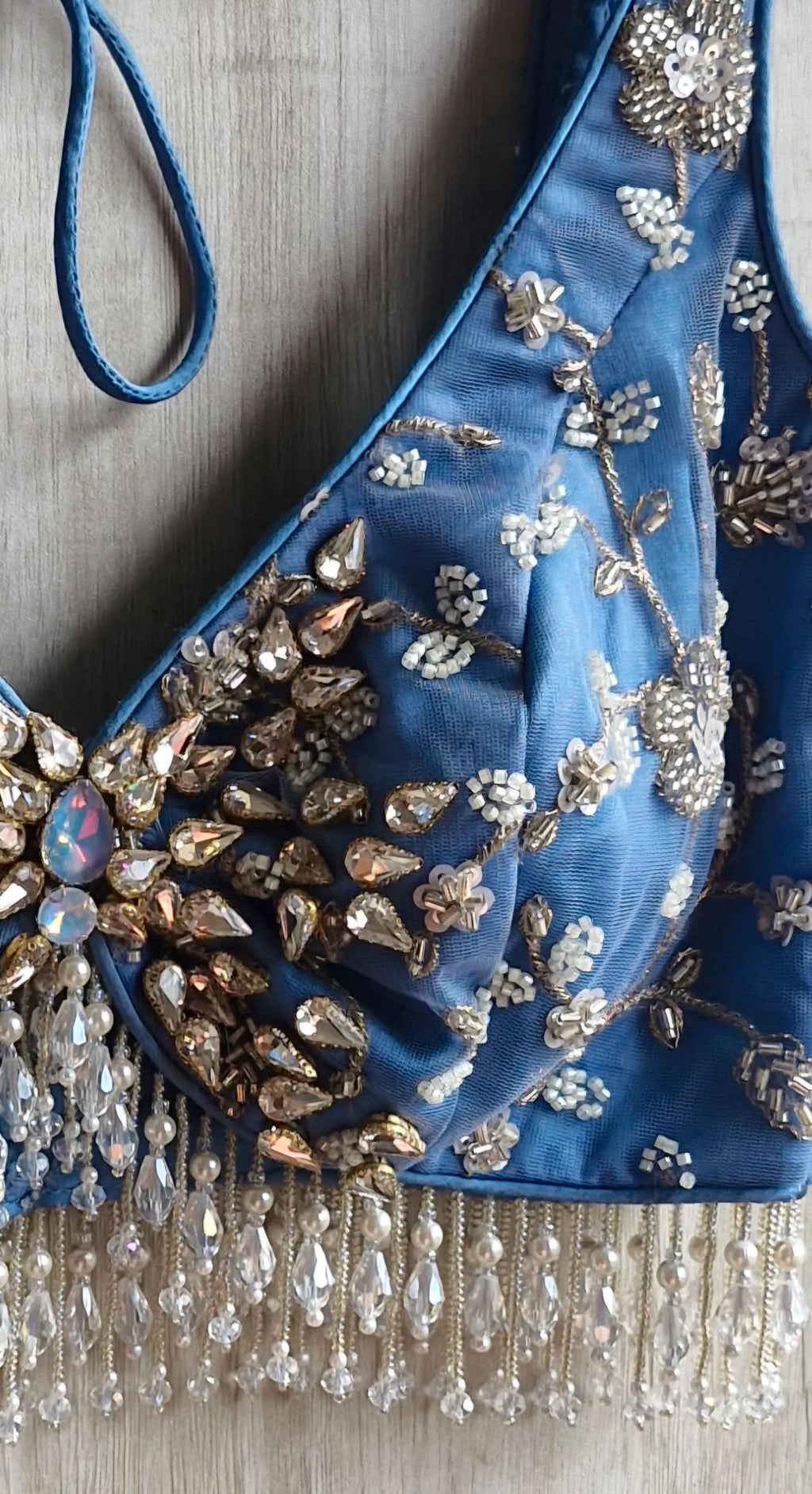 Embroidered Ice Blue Bejeweled Saree Blouse, Stones Embellished Bralette DVBL_524